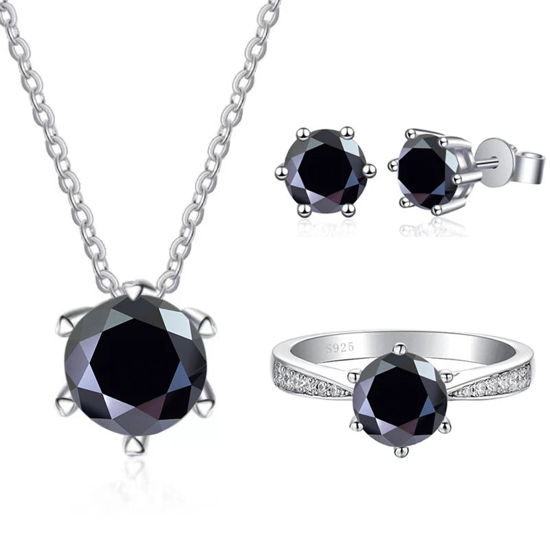 Colored Moissanite Necklace, Stud Earrings & Pavé Ring Set — Black set