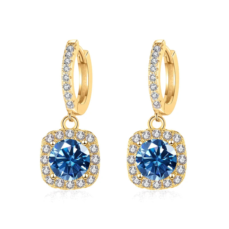 Colored Moissanite Cushion Halo Drop Hoop Earrings - Royal blue centers