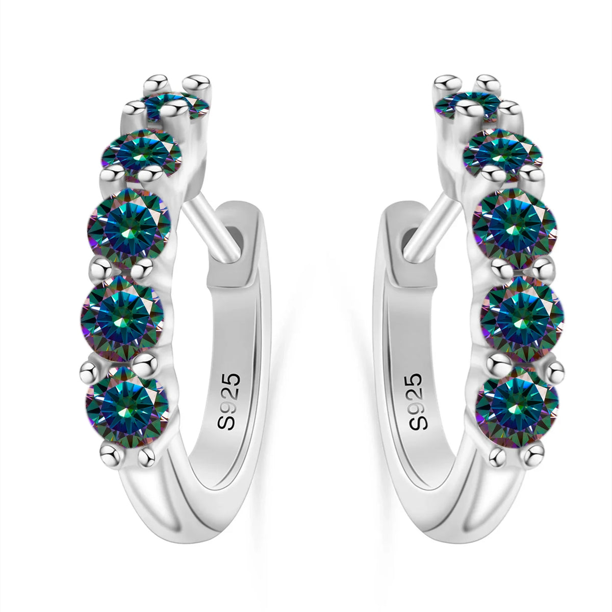 Colorful Five-Stone Moissanite Hoop Earrings in Sterling Silver — Rainbow