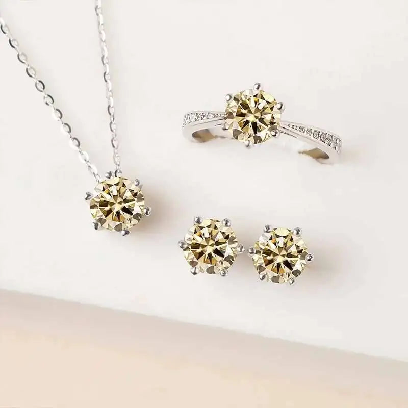 Colorful Moissanite Ring, Stud Earrings & Necklace Set — Light Yellow matching jewelry set