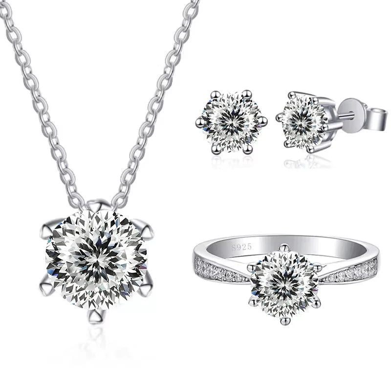 Colored Moissanite Necklace, Stud Earrings & Pavé Ring Set — White 100-facet cut set