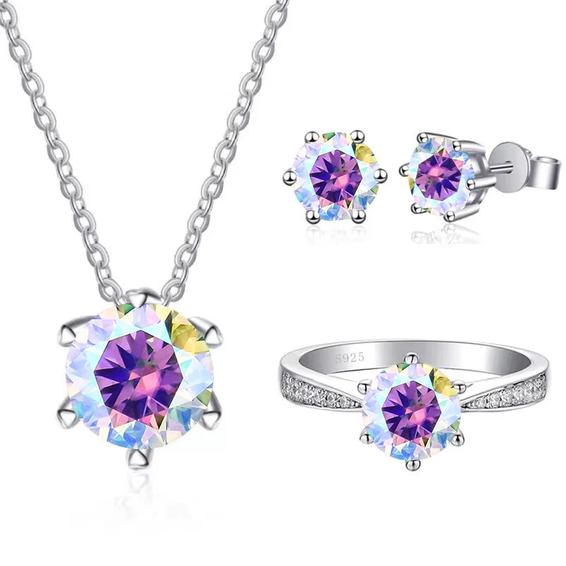 Colored Moissanite Necklace, Stud Earrings & Pavé Ring Set — Multicolor AB set