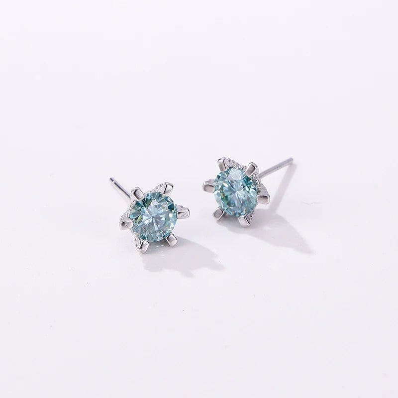Colored Moissanite Stud Earrings with Sparkling Basket Settings - Blue stud pair