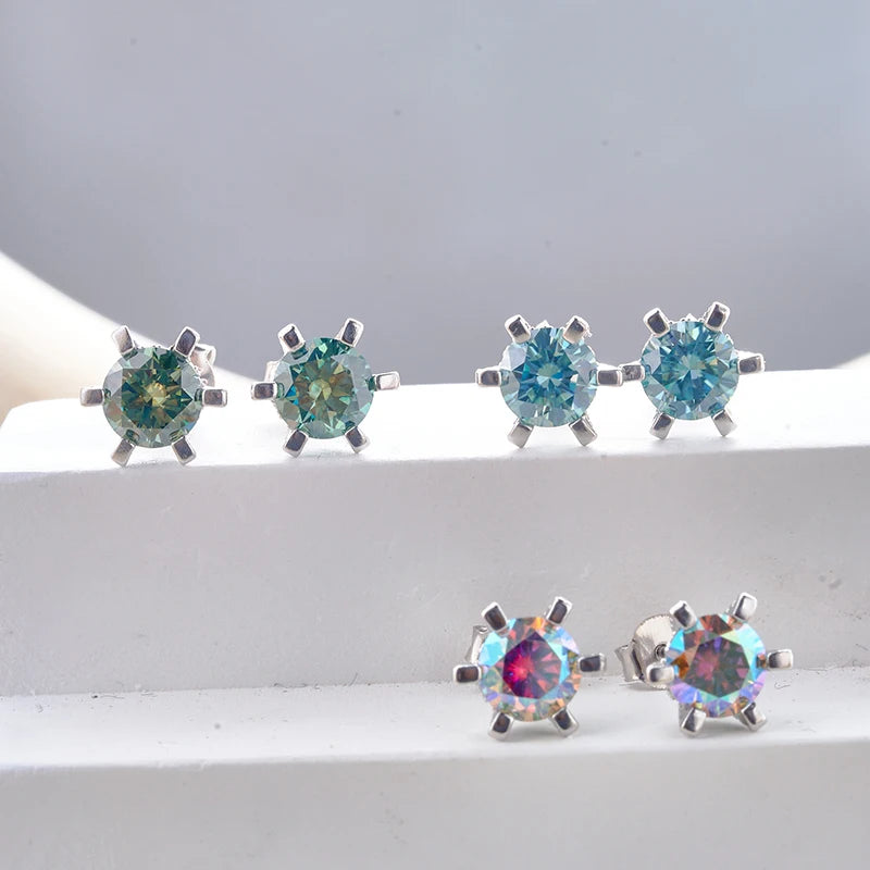 Colored Moissanite Stud Earrings with Sparkling Basket Settings - Blue green and multicolor studs