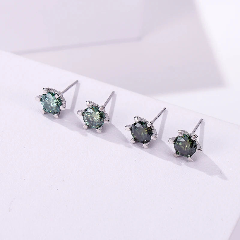 Colored Moissanite Stud Earrings with Sparkling Basket Settings - Green and gray studs compared