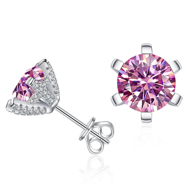 Colored Moissanite Stud Earrings with Sparkling Basket Settings - Pink stones