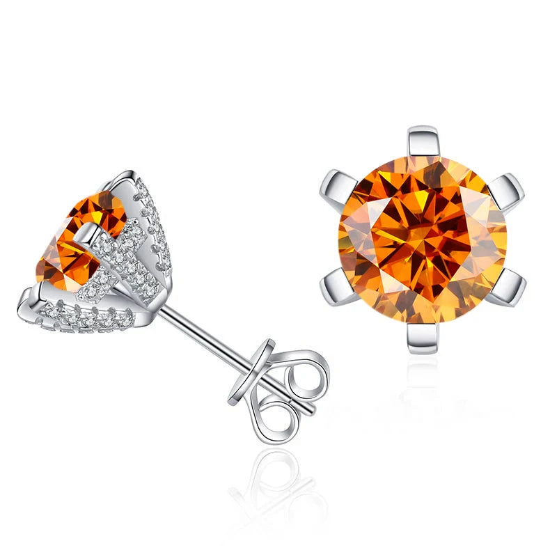 Colored Moissanite Stud Earrings with Sparkling Basket Settings - Orange stones