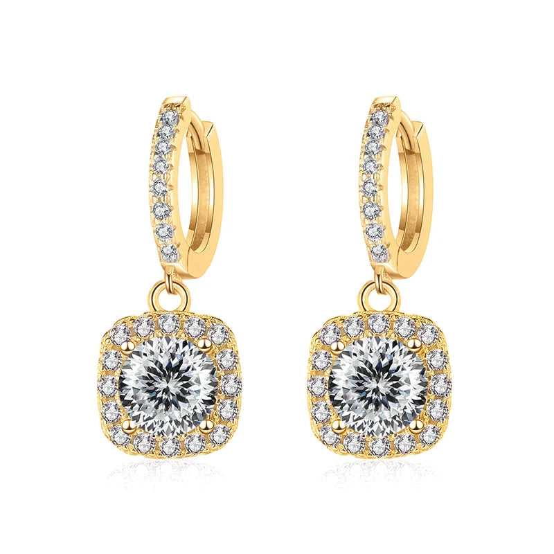 Colored Moissanite Cushion Halo Drop Hoop Earrings - White 100 Series centers