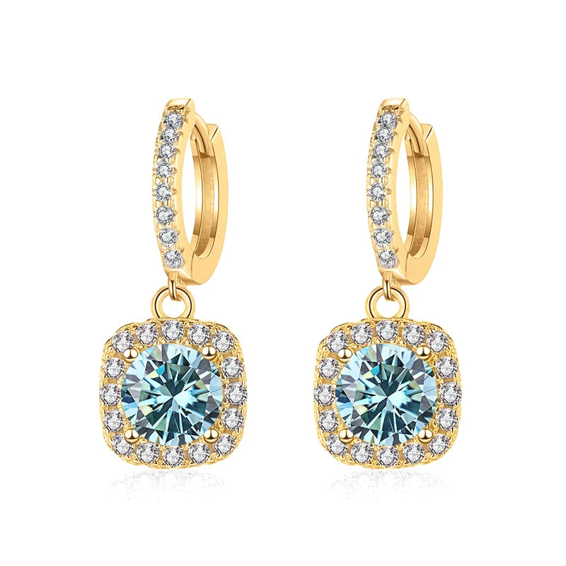 Colored Moissanite Cushion Halo Drop Hoop Earrings - Blue centers