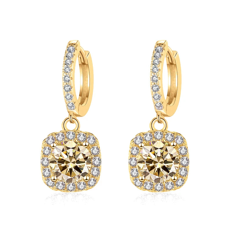 Colored Moissanite Cushion Halo Drop Hoop Earrings - Light yellow centers