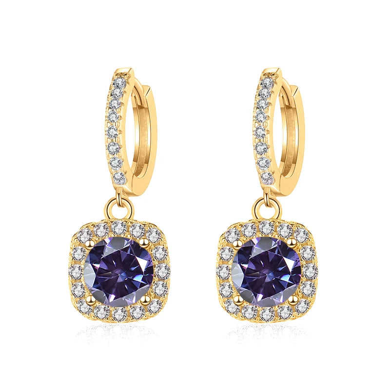 Colored Moissanite Cushion Halo Drop Hoop Earrings - Violet centers
