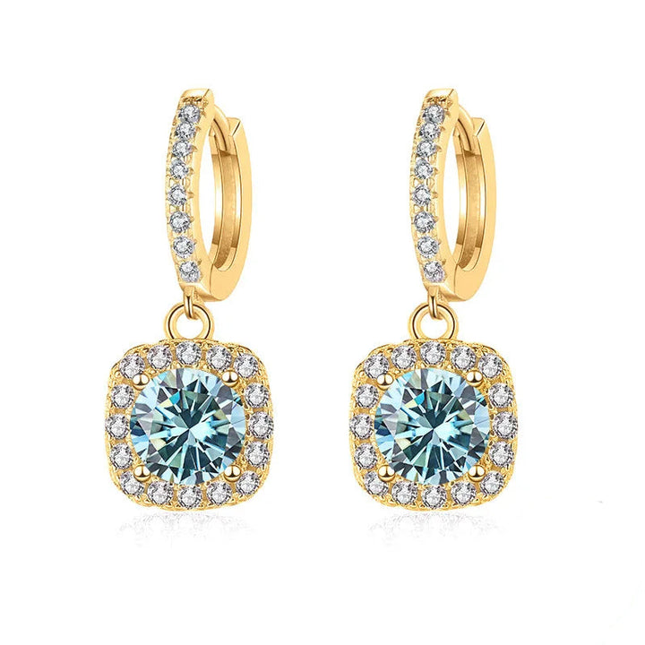 Colored Moissanite Cushion Halo Drop Hoop Earrings