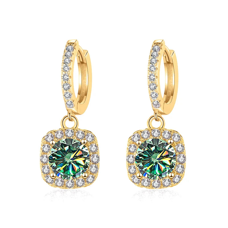 Colored Moissanite Cushion Halo Drop Hoop Earrings - Blue green centers