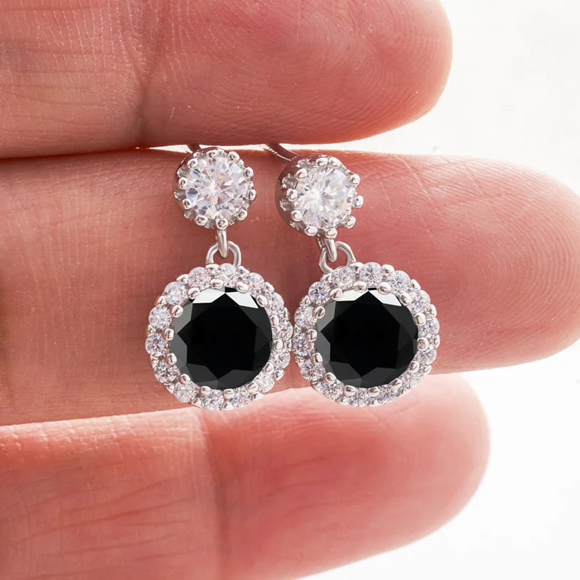 Colored Round Halo Moissanite Drop Earrings in Silver — Black