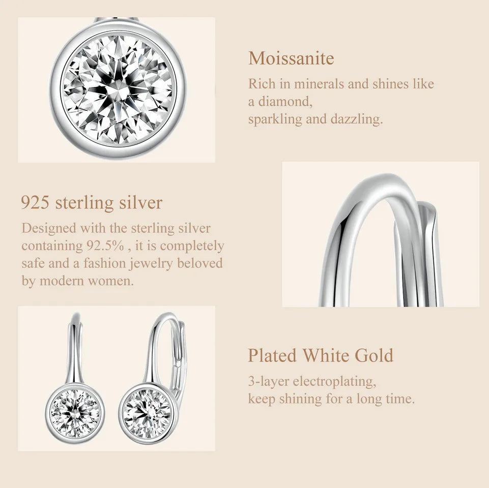 Round Bezel Moissanite Leverback Earrings in Silver — Setting and stone details