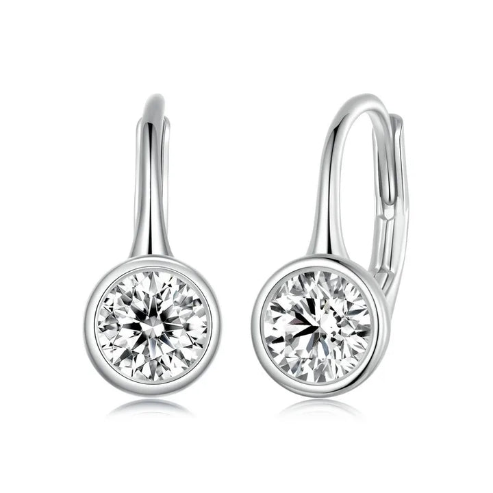 Round Bezel Moissanite Leverback Earrings in Silver
