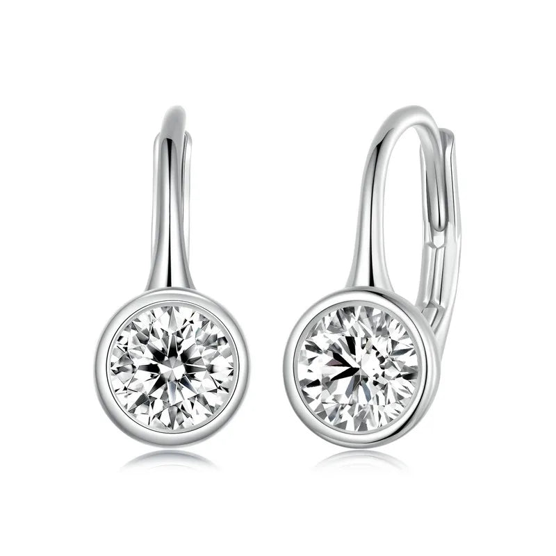 Round Bezel Moissanite Leverback Earrings in Silver — Bezel leverback pair