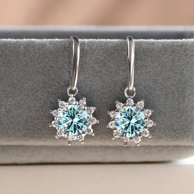 Colorful Sunburst Moissanite Drop Earrings in Sterling Silver — Blue sunburst pair