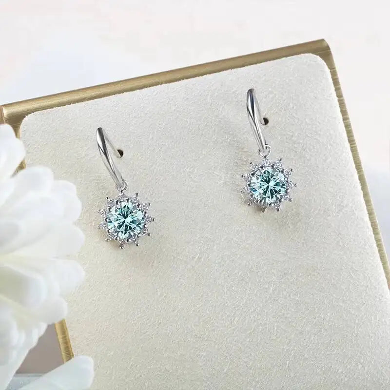Colorful Sunburst Moissanite Drop Earrings in Sterling Silver — Blue stones