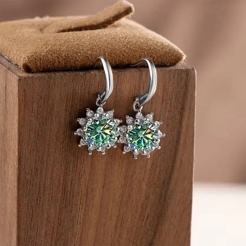 Colorful Sunburst Moissanite Drop Earrings in Sterling Silver — Green stones