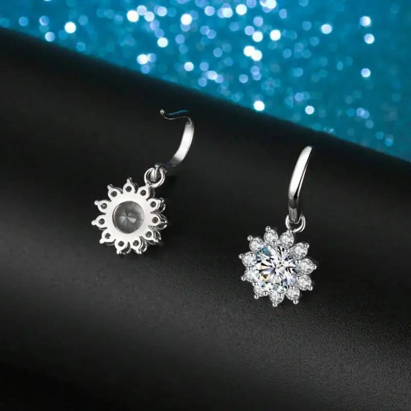 Colorful Sunburst Moissanite Drop Earrings in Sterling Silver — White stones, rear setting