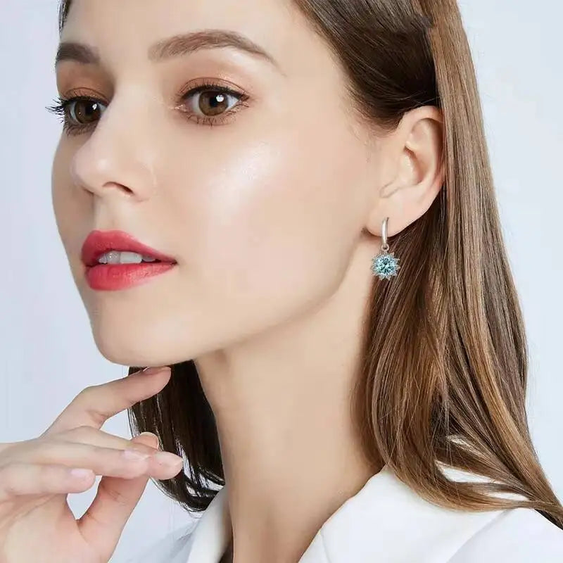 Colorful Sunburst Moissanite Drop Earrings in Sterling Silver — Drop earrings worn on the ear