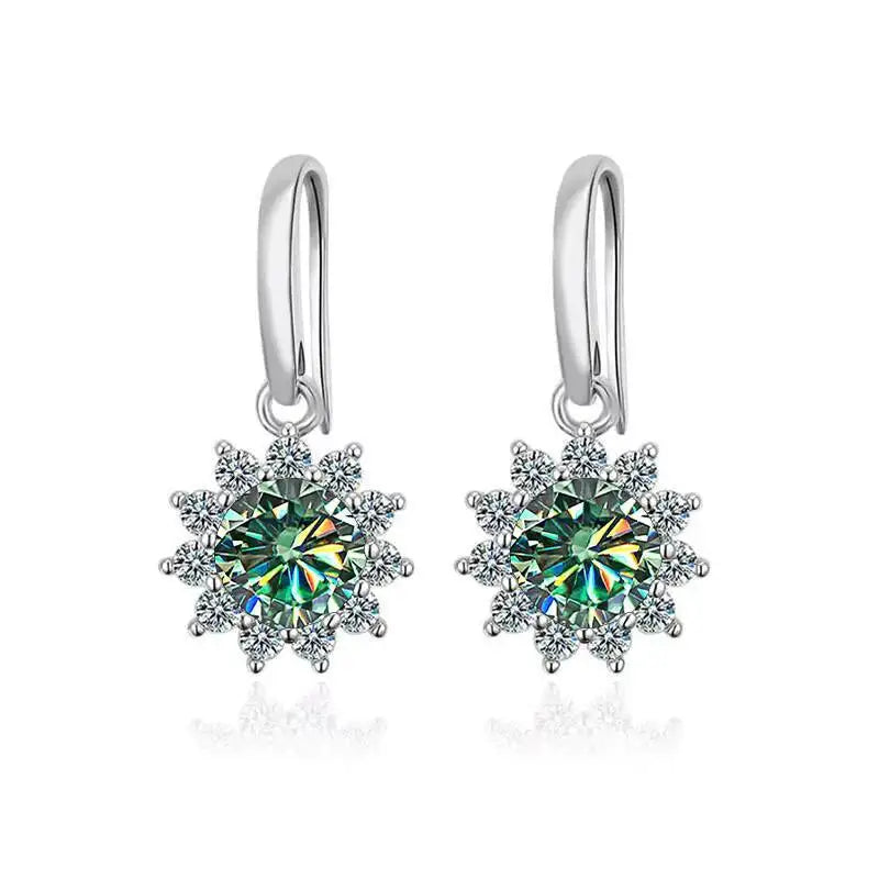 Colorful Sunburst Moissanite Drop Earrings in Sterling Silver — Blue-Green stones