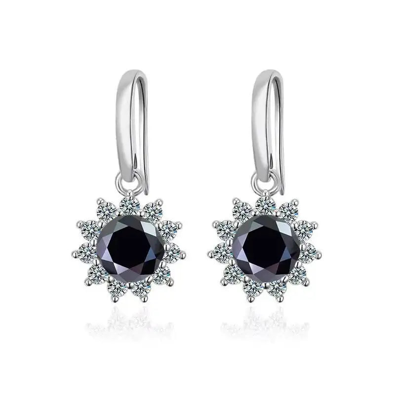 Colorful Sunburst Moissanite Drop Earrings in Sterling Silver — Black stones