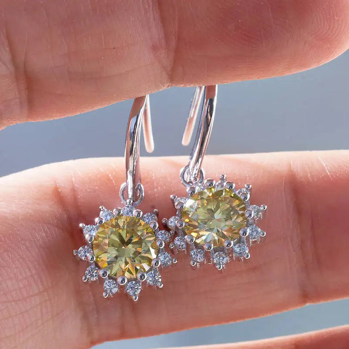 Colorful Sunburst Moissanite Drop Earrings in Sterling Silver