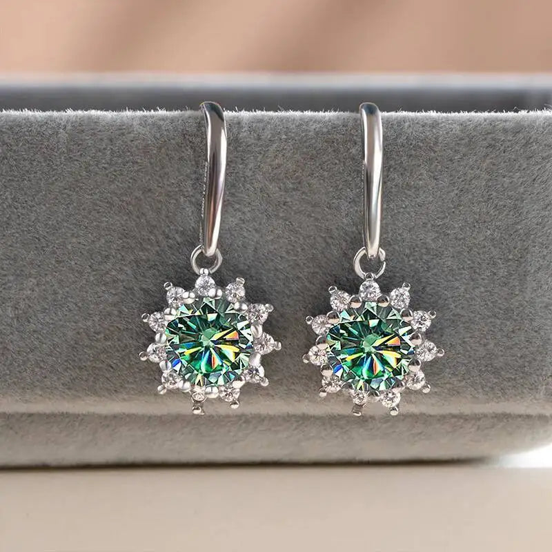 Colorful Sunburst Moissanite Drop Earrings in Sterling Silver — Green sunburst pair