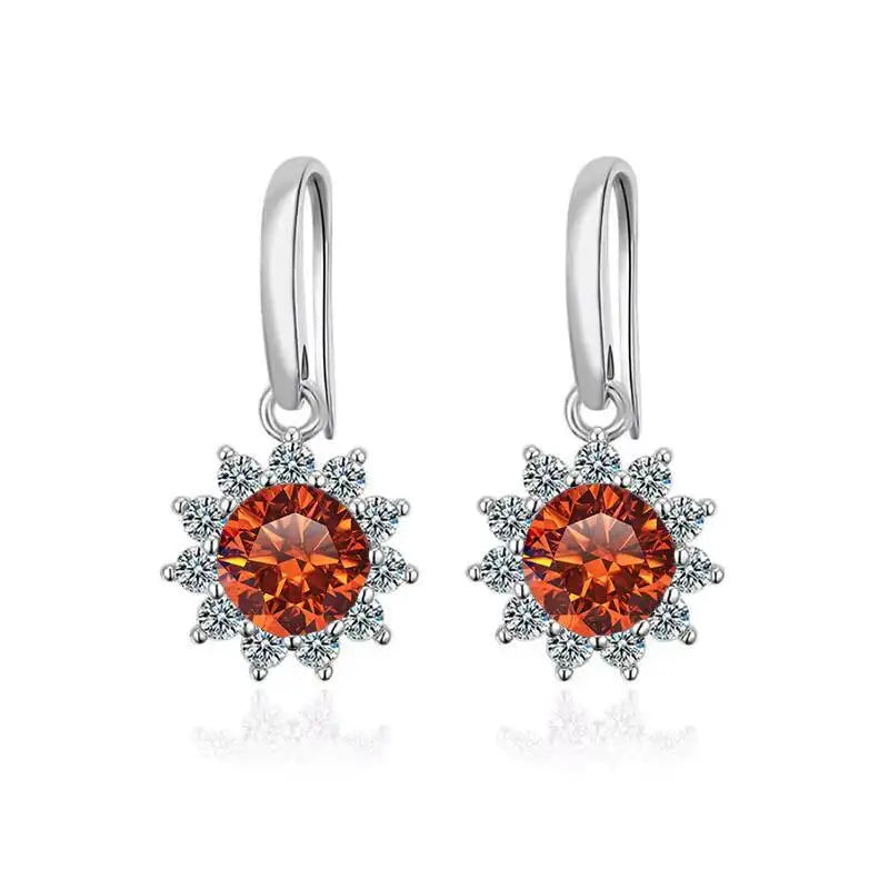 Colorful Sunburst Moissanite Drop Earrings in Sterling Silver — Orange stones