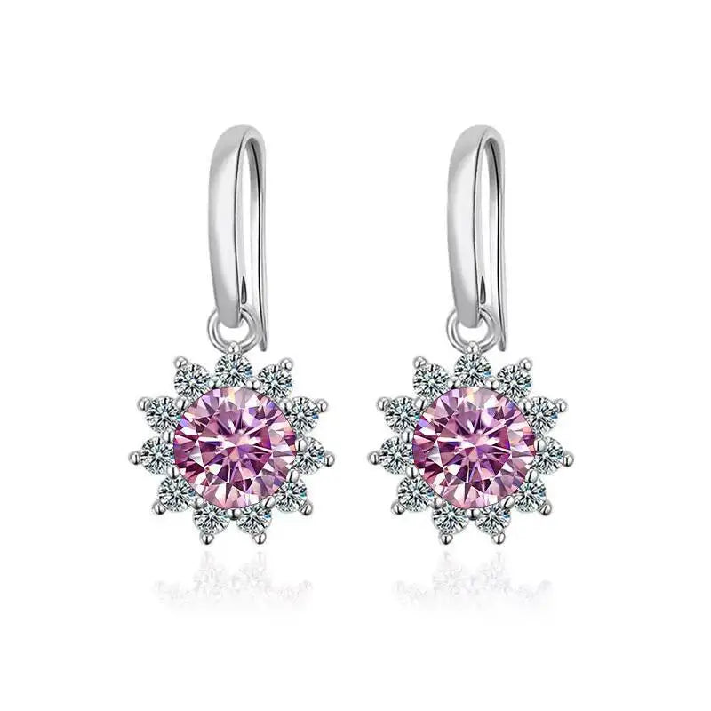 Colorful Sunburst Moissanite Drop Earrings in Sterling Silver — Pink stones