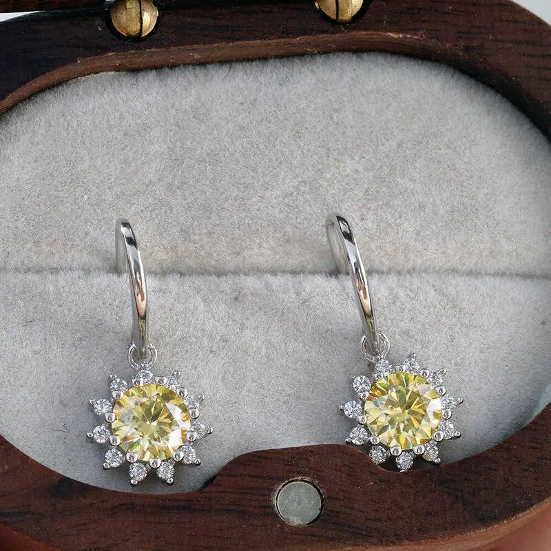 Colorful Sunburst Moissanite Drop Earrings in Sterling Silver — Yellow stone close-up