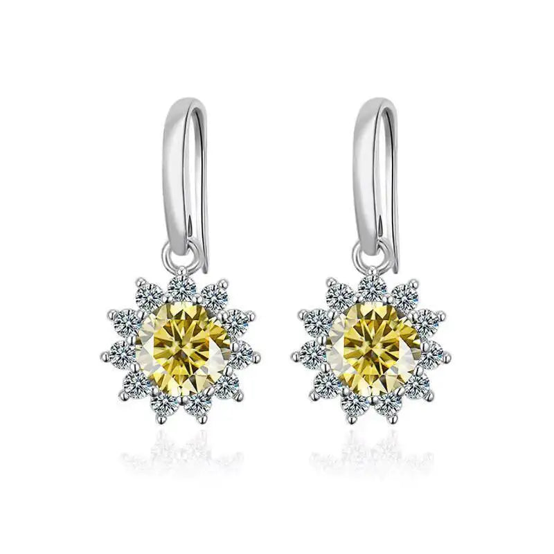 Colorful Sunburst Moissanite Drop Earrings in Sterling Silver — Lemon Yellow stones