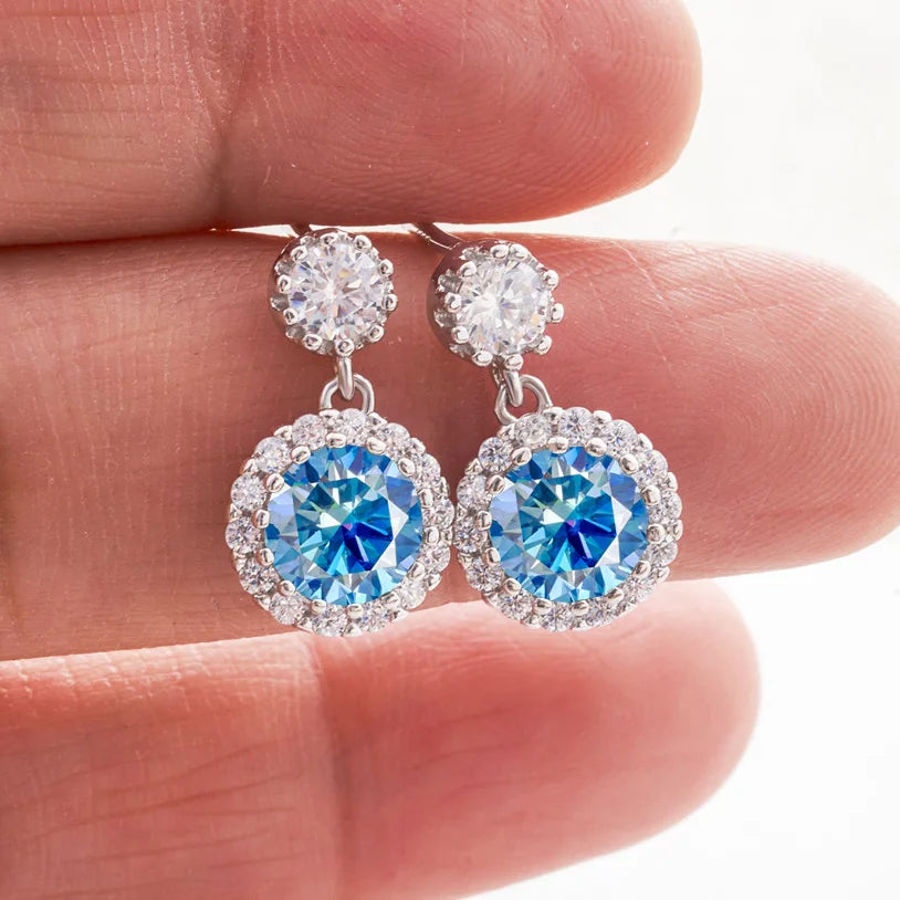 Colored Round Halo Moissanite Drop Earrings in Silver — Royal blue