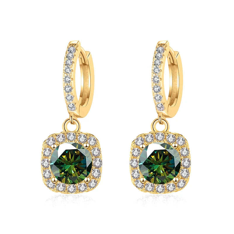 Colored Moissanite Cushion Halo Drop Hoop Earrings - Dark green centers