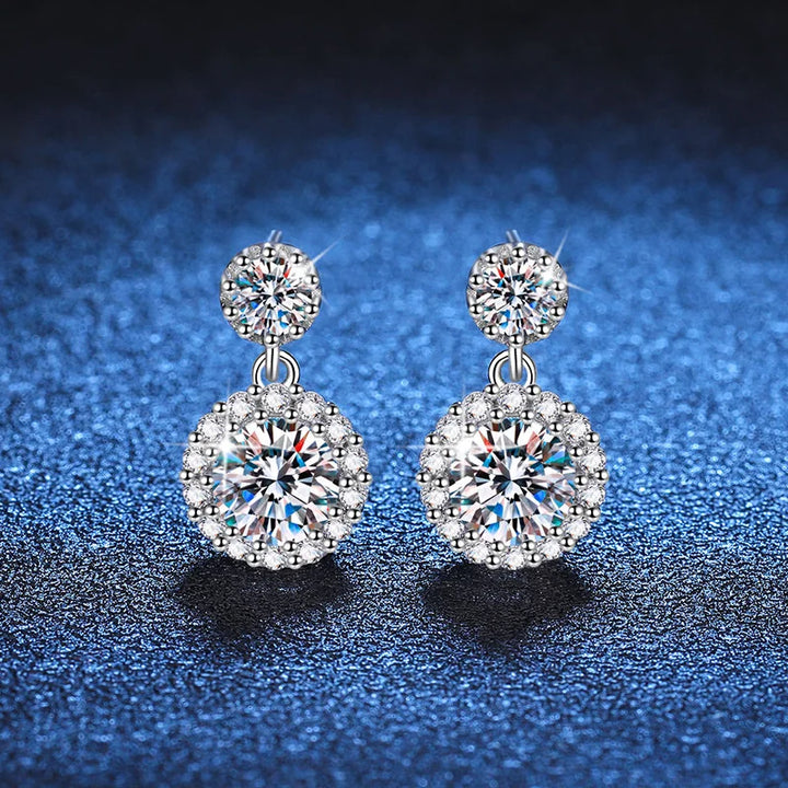 Colored Round Halo Moissanite Drop Earrings in Silver