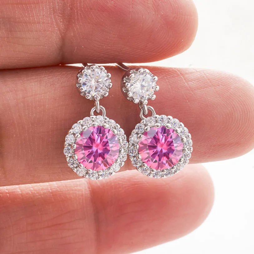 Colored Round Halo Moissanite Drop Earrings in Silver — Pink