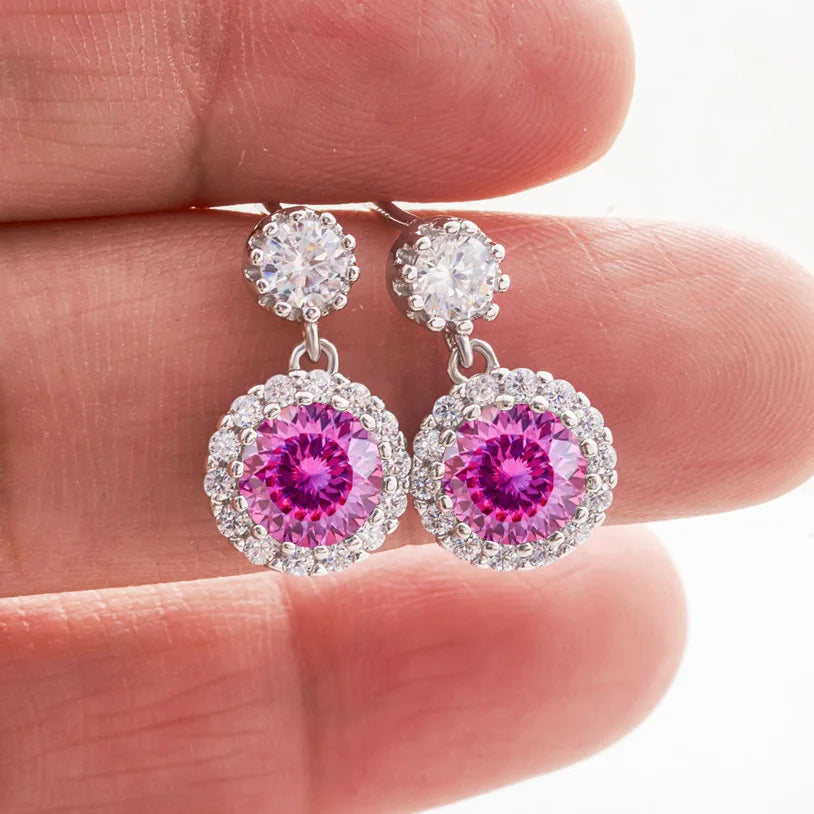 Colored Round Halo Moissanite Drop Earrings in Silver — Pink Love Cut