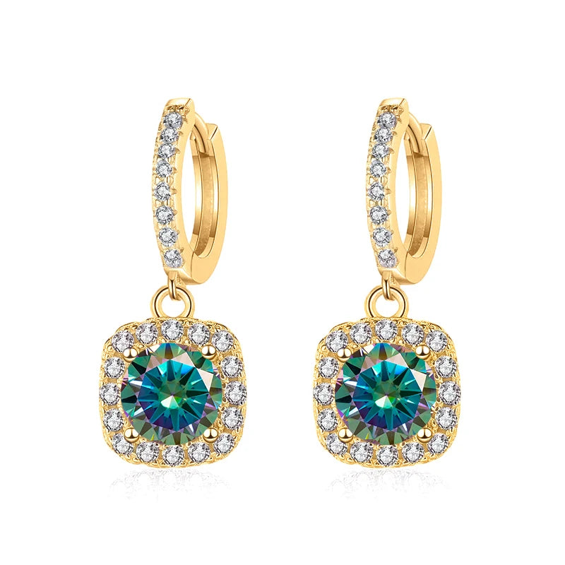 Colored Moissanite Cushion Halo Drop Hoop Earrings - Multicolor centers