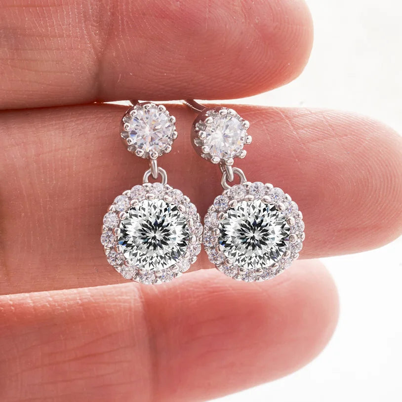 Colored Round Halo Moissanite Drop Earrings in Silver — White Love Cut