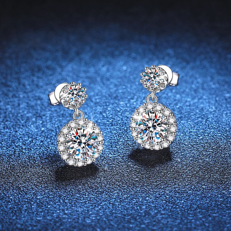 Colored Round Halo Moissanite Drop Earrings in Silver — Side and rear views