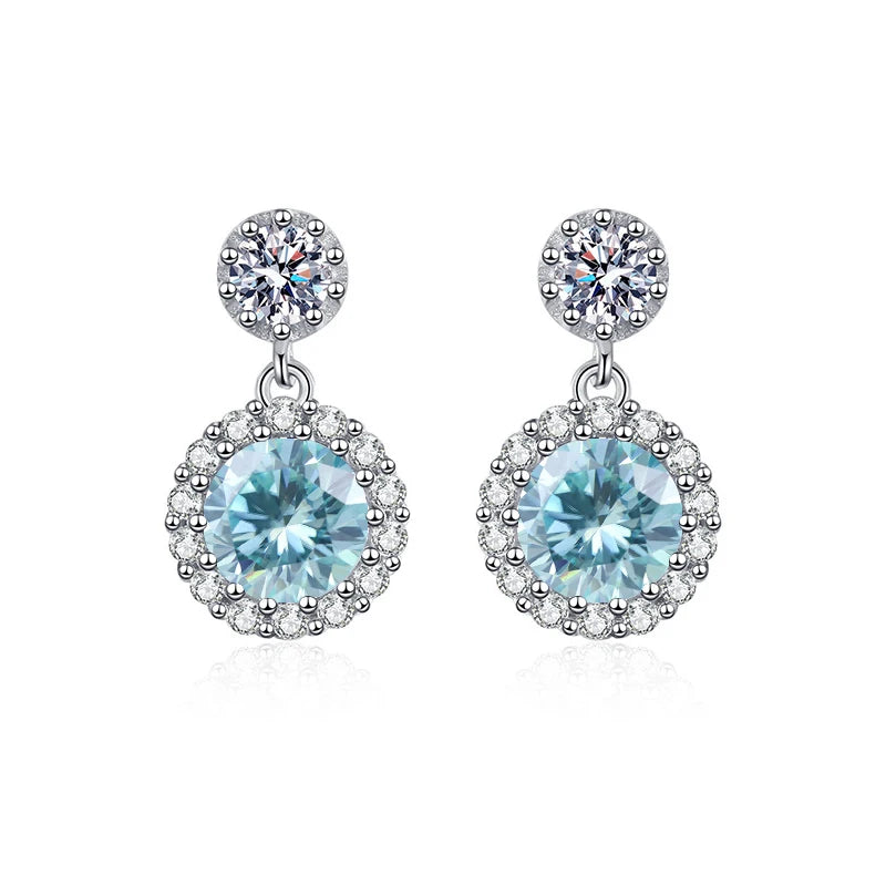 Colored Round Halo Moissanite Drop Earrings in Silver — Blue