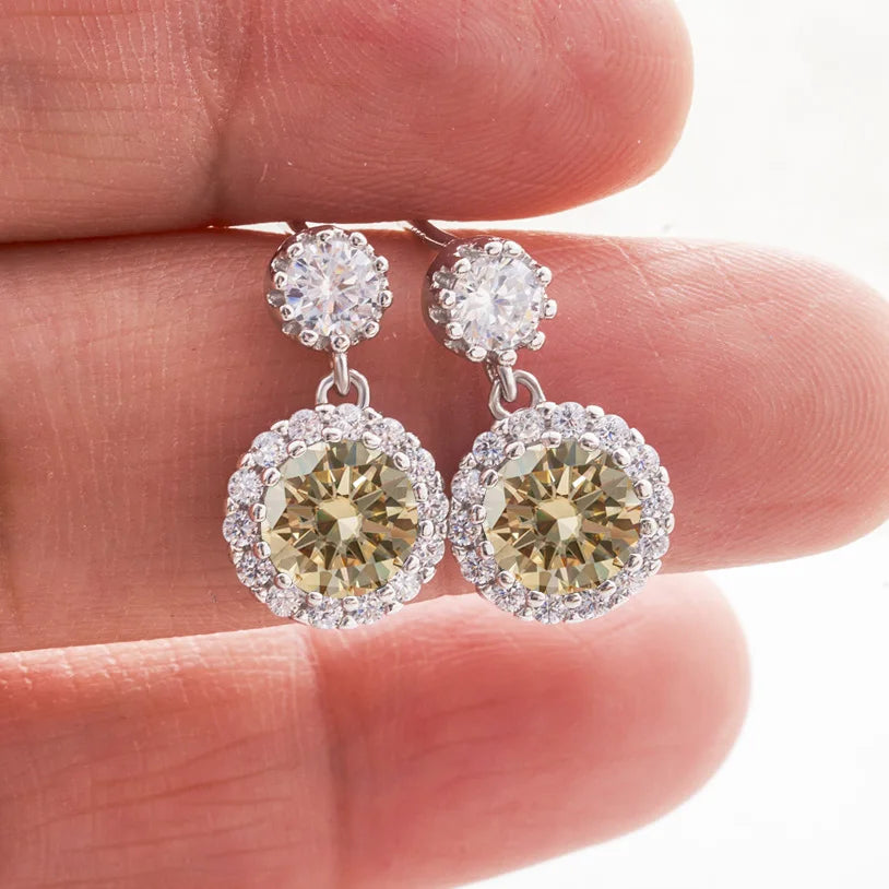 Colored Round Halo Moissanite Drop Earrings in Silver — Champagne