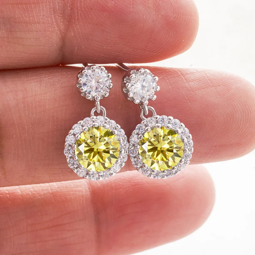 Colored Round Halo Moissanite Drop Earrings in Silver — Lemon yellow
