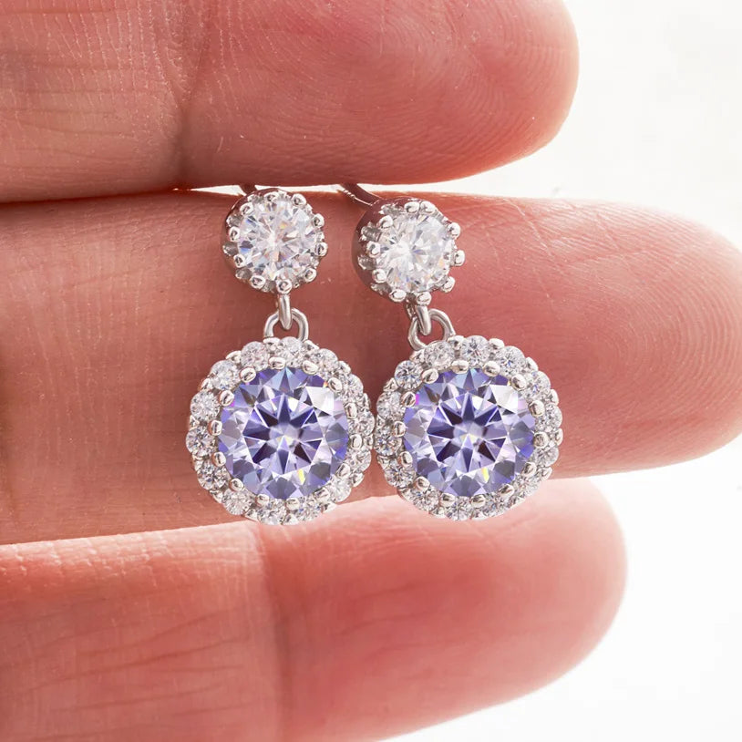 Colored Round Halo Moissanite Drop Earrings in Silver — Light purple
