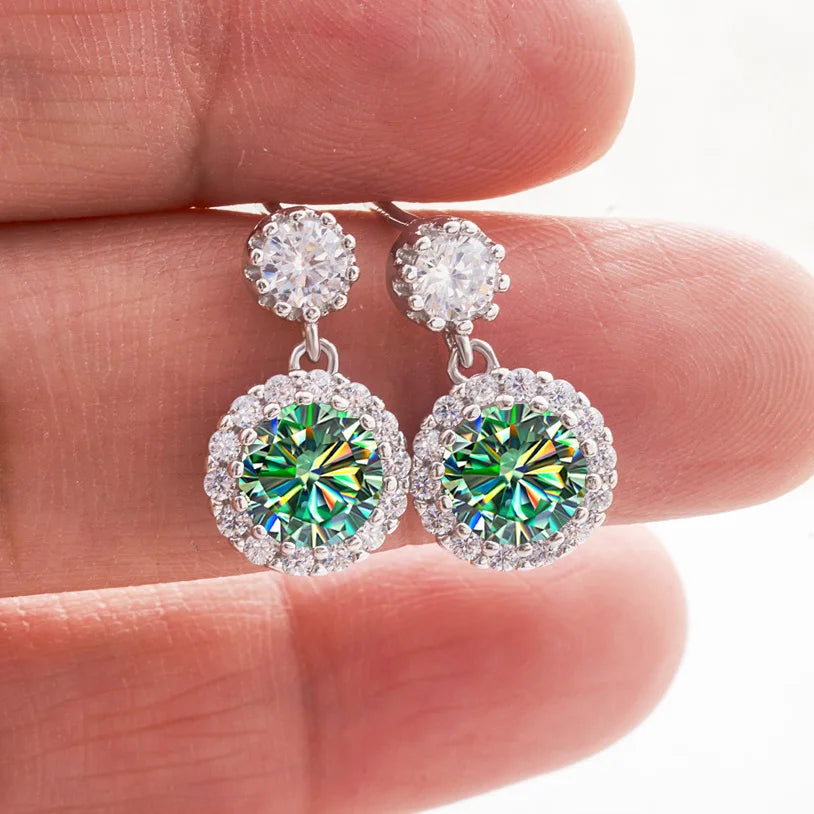 Colored Round Halo Moissanite Drop Earrings in Silver — Blue green
