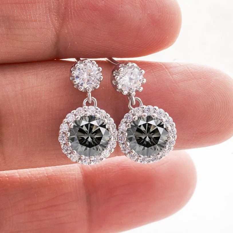 Colored Round Halo Moissanite Drop Earrings in Silver — Gray