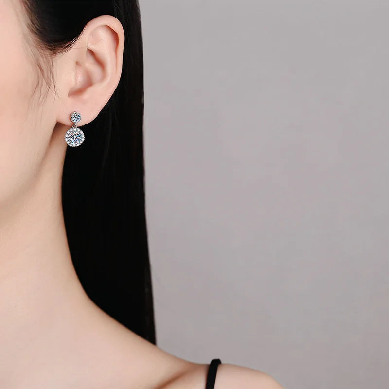 Colored Round Halo Moissanite Drop Earrings in Silver — Worn on ear