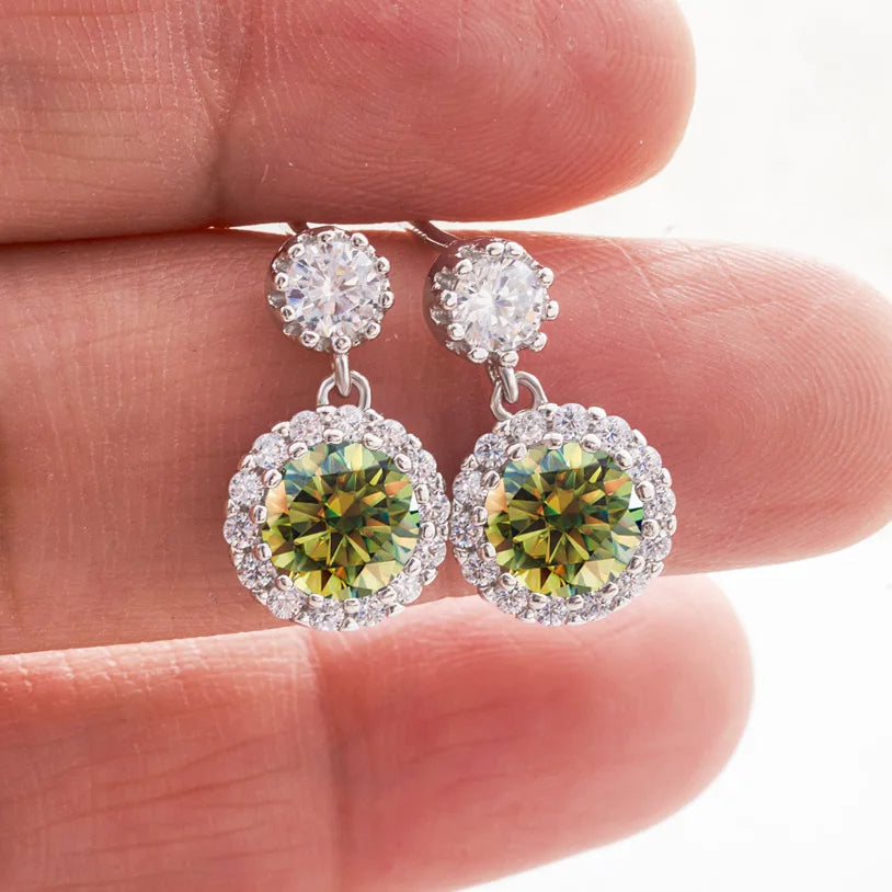 Colored Round Halo Moissanite Drop Earrings in Silver — Yellow green